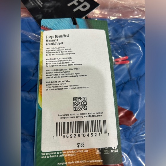 Cotopaxi Women’s Large Fuego Down Insulated Puff Vest Blue Atlantic Stripes NWT - Picture 5 of 13